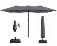 KEPLIN Double Garden Parasol with Base and Cover 4.5x2.7m – Extra Large Outdoor Patio Umbrella, 12 Steel Ribs, 180gsm Polyester Canopy, Crank Handle, Weather Resistant Shade, UV Protective, Grey