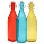 HOMIES, Flip Top Glass Water Bottle - Bottle with Stopper for Beverages, Oil, Vinegar, Beer, Water, Soda, Airtight Lid & Leak Proof Cap - (Random color sent) - Pack of (3)