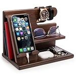 TESLYAR Gifts for Men Wood Phone Docking Station Fathers Gift Nightstand Desk Organizer Gifts for dad Gifts for him Birthday Anniversary Xmas Gifts Mens Gift Ideas Key Holder Wallet Stand (Wenge)