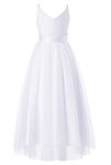 Bow Dream Vintage Ivory Lace Flower Girl Dress Blush Junior Bridesmaid Dress for Wedding, V Neck-white, 14