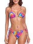 RELLECIGA Women's Colorful Floral Sexy Brazilian Bikinis Halter String Triangle Top with Cheeky Bikini Bottom Size Medium