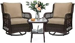 Amyove 3 Pieces Outdoor Wicker Swivel Patio Set, 360° Swivel Rocking Patio Chairs of 2 with Side Table and Fabric Cushions for Outside, Yard, Garden, Balcony (Beige)