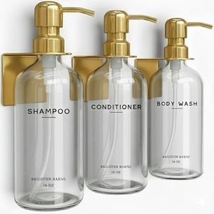 Luxury Shampoo and Conditioner Dispenser Set Wall Mounted by Brighter Barns - No-Drill Shower Soap Dispenser Set & Stainless Steel Pumps - Refillable Shampoo Bottles - Gold Bathroom Decor (Clear Gold)