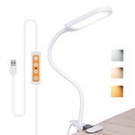 Clip On Reading Light, Dimmable Desk Clamp Lamp with 3 Color Temperature Brightness Adjustable Flexible Gooseneck Eye-care Bed Light for Study, Reading and Relaxing (White)