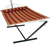 Sunnydaze Quilted Double Hammock with 12-Foot Stand and Pillow - 350-Pound Capacity - Black Stand - Red Stripe