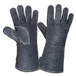 OZERO Long Sleeve Leather Heat Resistant Welding Gloves 500 ℃ BBQ 932 °F Grill Glove Oven Mitts (14 Inches)