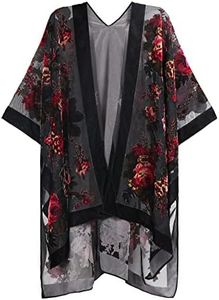 WeHello Women's Burnout Velvet Kimono Long Cardigan Cover Up with Tassel (Peony/Black)