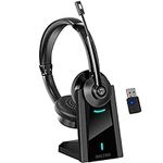 Bluetooth Headset with Noise Cancelling Mic and Charging Dock, Wireless Headphones with Mic, 2-Earpiece with Auto-Pair USB Dongle for PC/Laptop, Handsfree/Dual Connect/Mute, for Meet|Skype|Zoom|Teams