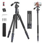 Camera Tripod Manbily 74" Aluminum Travel Tripod Monopod Stand Lightweight Compact for DSLR Camera Phone Camcorder Video, 360° Ball Head with Handle, 1/4" QR Plate, Payload 17.6lbs, Canon Nikon Sony