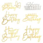 Qianyu 6 Packs Happy Birthday Cake Toppers Happy Birthday Acrylic Cake Topper Decorations Supplies Gold Cupcake Toppers for Children or Adults Cake Inserts DIY Cake Decor Souvenirs