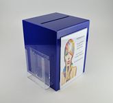 Pos Display Shop Dark Blue Acrylic Collection Box/Comments Box/Suggestion Box/Ballot Box/Feedback Box with A5 Leaflet Holder + A4 Portrait Poster Holder - PDS9470A4 Dark Blue