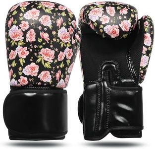 FINGER TEN Boxing Gloves Women Punching Sparring Kickboxing MMA Training Heavy Bag Glove Black Leather 8 10 12 14 oz for Womens (Pink Flower, 12 oz)