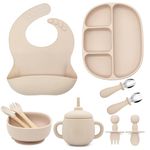 Skylarq Silicone Baby Feeding Set - Suction Plate Baby, Suction Bowl, Baby Bib, Toddler Sippy Cup & 3 Spoons 3 Forks Set - Baby Led Weaning Supplies, 100% BPA Free, Baby Plates and Utensils Set