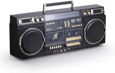 aiwa Retro Boombox BackTrack CD Player with Cassette Recording, Bluetooth 5.0, FM/AM Radio, USB/SD/AUX Inputs, VU Meters, LCD Display, Dual 40W Speakers (Black and Gold)