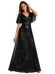 Ever-Pretty Women's Elegant Sequin Short Ruffle Sleeve Embroidery A-Line Evening Dress Formal Wedding Maxi Dress Black 20UK