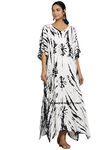 Ravaiyaa - Attitude is everything Women Summer Kaftan Holiday Loose Maxi Dress Handmade Beach Wear Tie Dye Sun Dresses (White & Black)