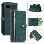 UEEBAI Wallet Case for Google Pixel 7, Retro 9 Card Holder Slots Zipper Pocket Handbag Case PU Leather Magnetic Closure Kickstand with Wrist Strap TPU Shockproof Flip Case - Retro Grün