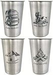 LVDGE 4 Pack 16oz Stainless Steel Cups - 4 Unique Laser-Engraved Outdoor Adventure Graphics, Stackable Durable Metal Cold Drink Cups for Camping Trips, Hikes & Outdoor Events (Camping)
