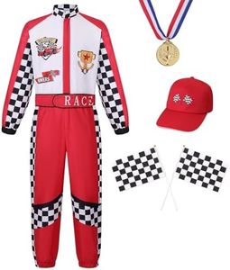 maxToonrain Deluxe Racing Driver Costume Kids Role Play Boys Race Car Driver Outfit for Halloween Christmas Dress Up Set with Hat (Red & White,7-8 Year)