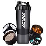 ACUNA Protein Shaker Bottle 600ml- 3 Layered Twist Off Cups For Pill & Supplement Storage - Steel Mixing Ball For Lump Free Smooth Shake- Easy To Clean Gym & Sports Shaker Bottle (Black)