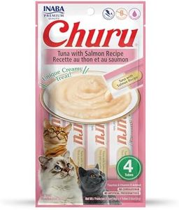 INABA Churu Cat Treats, Grain-Free, Lickable, Squeezable Creamy Purée Cat Treat/Topper with Vitamin E & Taurine, 0.5 Ounces Each Tube, 4 Tubes, Tuna with Salmon Recipe