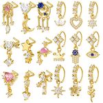 Junkin 18 Pcs 20g Dangle Nose Rings Studs Women L Shaped Dangling Nose Stud Hoop Nose Piercing Jewelry Heart Star Nose Rings, One Size, Copper, no gemstone