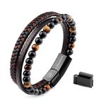 LIVLOKO Mens Bracelet Leather Black Multi-Layer Bracelet for Men Magnetic Clasp Rope Wristband Mens Gift for Boyfriend (Small 18-20cm, B. 19-22cm Black Brown Tiger-Eye Adjustable)