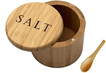 VICUKIE Salt Cellar, Bamboo Salt Box, Salt Container With Spoon, Salt Holder With Lid, Salt Shaker, Cumin and Pepper Bowl with Magnetic Swivel Lid (1 box with engraved Salt)… (SALT engraved)