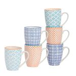 Nicola Spring Hand-Printed Mug - 330ml - Navy, Orange & Blue - Pack of 6 - Porcelain Hot Chocolate Cups Tea & Coffee Mugs for Kitchens, Cafes & Restaurants