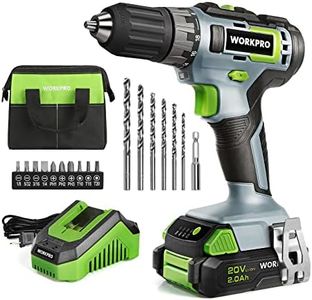 WORKPRO 20V Cordless Drill Driver Kit, 3/8'' Keyless Chuck, 2.0 Ah Li-ion Battery, 1 Hour Fast Charger and 11-inch Green Storage Bag Included