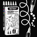 Betem 6 White Acrylic Paint Markers, Dual Tip Fabric Decorating Kits Premium Water-Based Acrylic Paint Pens for Fabric, Rock, Wood, Glass, Eggs, Canvas, Ceramic, Easter Basket Stuffers DIY Crafts