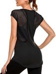 PINSPARK Short Sleeve Workout Top for Women Open Back Gym Tank Tops Mesh Yoga Shirts Lightweight Exercise Shirt, Black Small