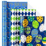 LeZakaa Birthday Wrapping Paper Roll - Mini Roll - Balloon/ "Happy Birthday" Lettering/Dimond Check for Men, Boy, Brother, FatherGift Wrapping - 17 x 120 inches, 3 Rolls (42.5 sq.ft.ttl.)