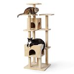 Amazon Basics Large Cat Condo Tree Tower with Dual Caves and Scratching Post | 60 x 55 x 179 cm |Beige