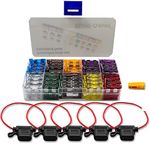 BeiLan 100pcs Standard Blade Fuse Assorted Kit 12/24V 2A 3A 5A 7.5A 10A 15A 20A 25A 30A 35A(18 * 19mm),with 5pcs 16AWG Add-a-Circuit Fuse Tap Inline Piggy Back Fuse Holder and 1 Blade Fuse Extractor