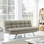 ELEGANT Sofa Bed Double 3 Seater Linen Fabric Fluffy Sponge Click Clack Sleeper Couch with Reclining Backrest/Chrome Legs for Living Room Bedroom Home Office Furniture Grey