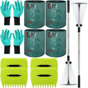 Wesnoy 2 Pcs Gardening Adjustable Metal Leaf Rake Set, Comes with 2 Large Leaf Scoops, 4 Pcs 72 Gallons Garden Bag, 2 Pairs Gloves, Ideal Leaf Clean up Tool for Leaves, Grass, Lawn Clippings, Trash