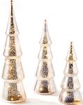 Mercury Glass Christmas Tree Decoration - Set of 3 Assorted Trees with Fairy Lights, 10 Inch Tall, Silver Finish, Batteries Included, Holiday Table Centerpiece or Mantle Decor