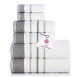 Casa Copenhagen White Bay 600 GSM Egyptian Cotton Towel for Hotel Spa Kitchen Bathroom, Set of 6, 2Bath, 2Hands, 2Washcloths - White with Dark Grey Light Grey Border -A