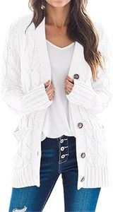 MEROKEETY Women's 2024 Fall Long Sleeve Cable Knit Sweater Open Front Cardigan Button Loose Outerwear White