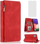 Compatible with Samsung Galaxy A22 5G 6.6 inch Wallet Case Tempered Glass Screen Protector Zipper Leather Flip Cover Card Holder Stand Cell Accessories Phone for Gaxaly A 22 22A G5 Women Men Red
