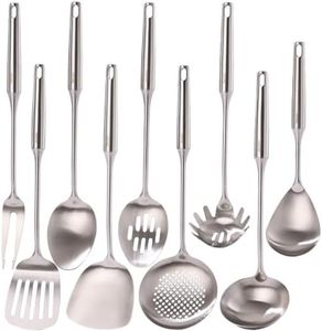 304 Stainless Steel Kitchen Utensils Set, Standcn 9 PCS Metal Cooking Tools Set with Meat Fork, Solid Spoon, Slotted Spoon, Spatula, Ladle, Skimmer, Slotted Spatula, Spaghetti Server, Large Spoon
