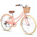 Glerc Missy 26" inch Girl Cruiser Youth Teen Woman Bike 6-Speed Teen Hybrid City Bicycle for Youth Ages 14 15 16 17 18 19 20 Years Old with Wicker Basket & Lightweight, Peach