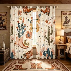 Manfei Cowboy Blackout Curtains Cowboy Boots Window Drapes for Kids Girls Room Decor, Wild West Cactus Flower Cowgirl Window Treatments, Grommet Top 2 Panel Set Curtains, 52Wx90L inch