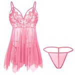 Giorzio Womens Sexy Lace Lingerie Set V Neck Sheer Asymmetrical Babydoll with G-String Light Pink,S