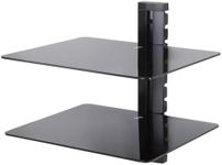 AVF AS200-A Wall Mounted AV Component Shelving System - 2 Shelves, Black, Floating Tempered Glass Double Shelf for speakers, DVD player, BluRay, PS4, Xbox, Cable Box, Web Cam, Polycom, AV accessories.