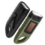 GeeRic 2-Pack Hand Crank Solar Powered Flashlight, Emergency Rechargeable LED Flashlight, Survival Flashlight, Quick Snap Carabiner Dynamo Flashlight Torch for Outdoor Sports, Army Green+Black