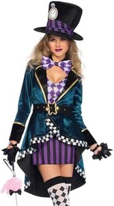 Leg Avenue Mad Hatter Costume with Dress, Jacket, Belt, Bow, Hat, XL
