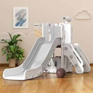 Glaf Toddler Slide 7 in 1 Outdoor Playset Kids Slides Indoor Playground for Backyard Baby Climber with Telescope Basketball Hoop Tunnel Storage Space and Ball (Grey)