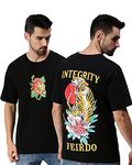 Veirdo Black Oversized Cotton Graphic Print Crew Neck T-Shirt for Men